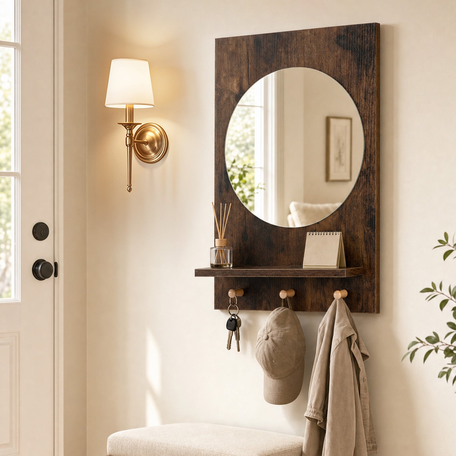 Wall Mirror with Storage Shelf & Hanging Hooks – Rustic Brown