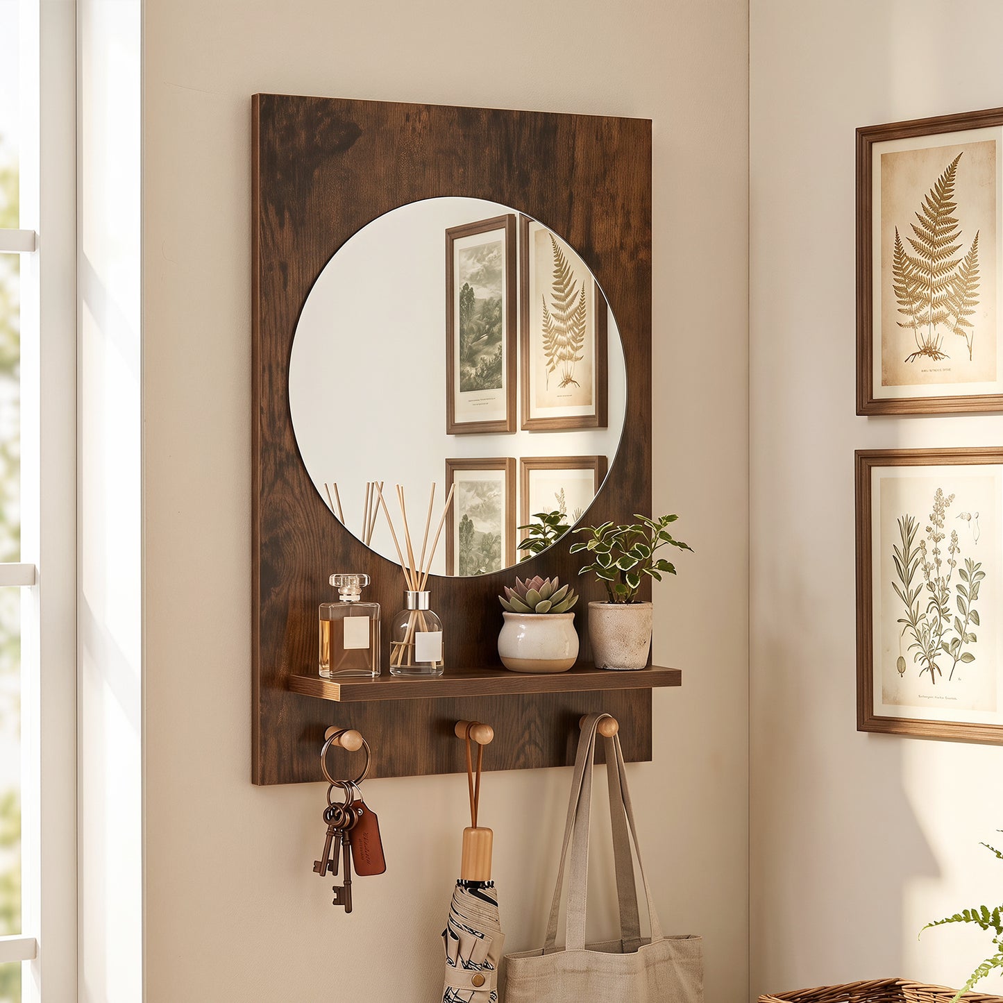 Wall Mirror with Storage Shelf & Hanging Hooks – Rustic Brown