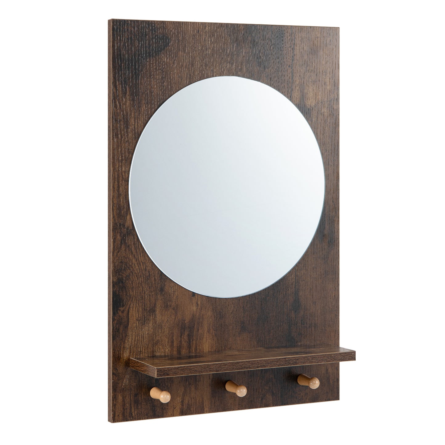 Wall Mirror with Storage Shelf & Hanging Hooks – Rustic Brown
