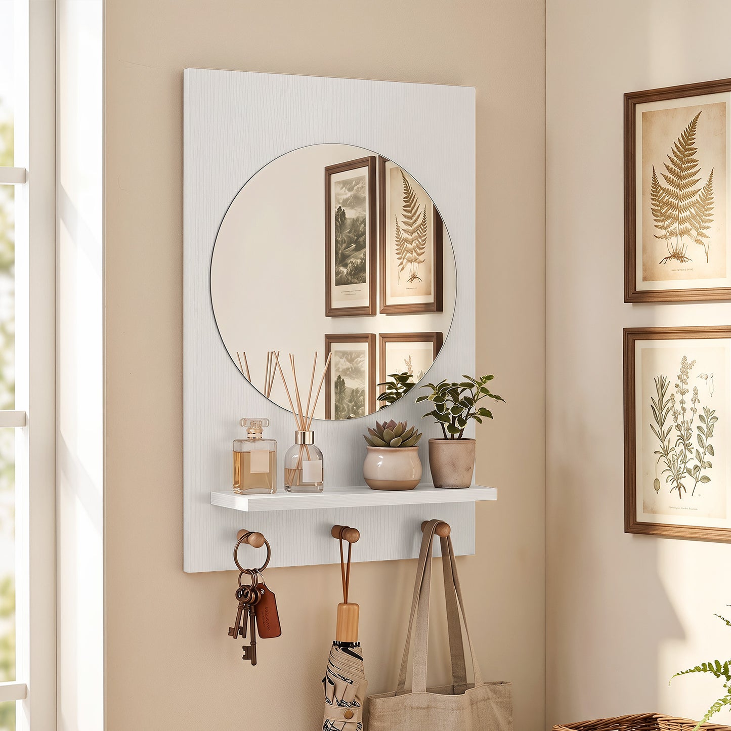 Wall Mirror with Storage Shelf & Hanging Hooks – White