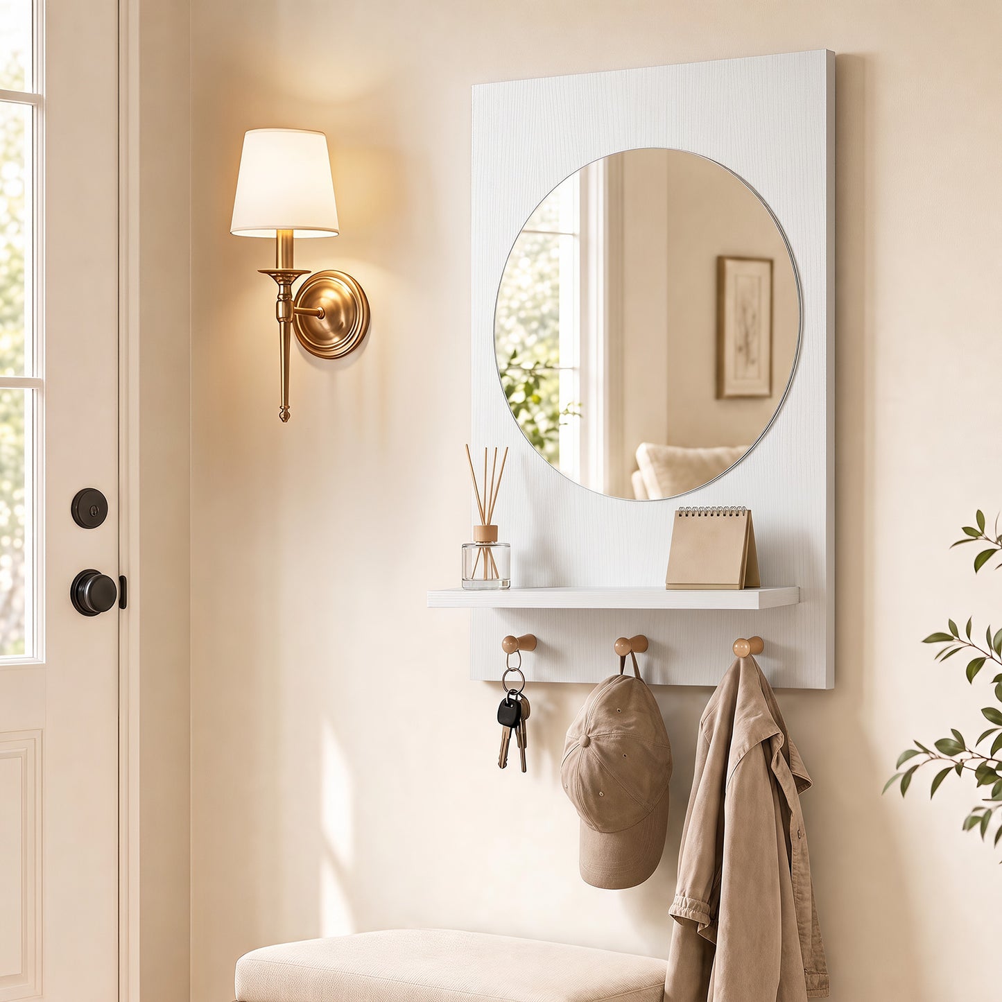 Wall Mirror with Storage Shelf & Hanging Hooks – White
