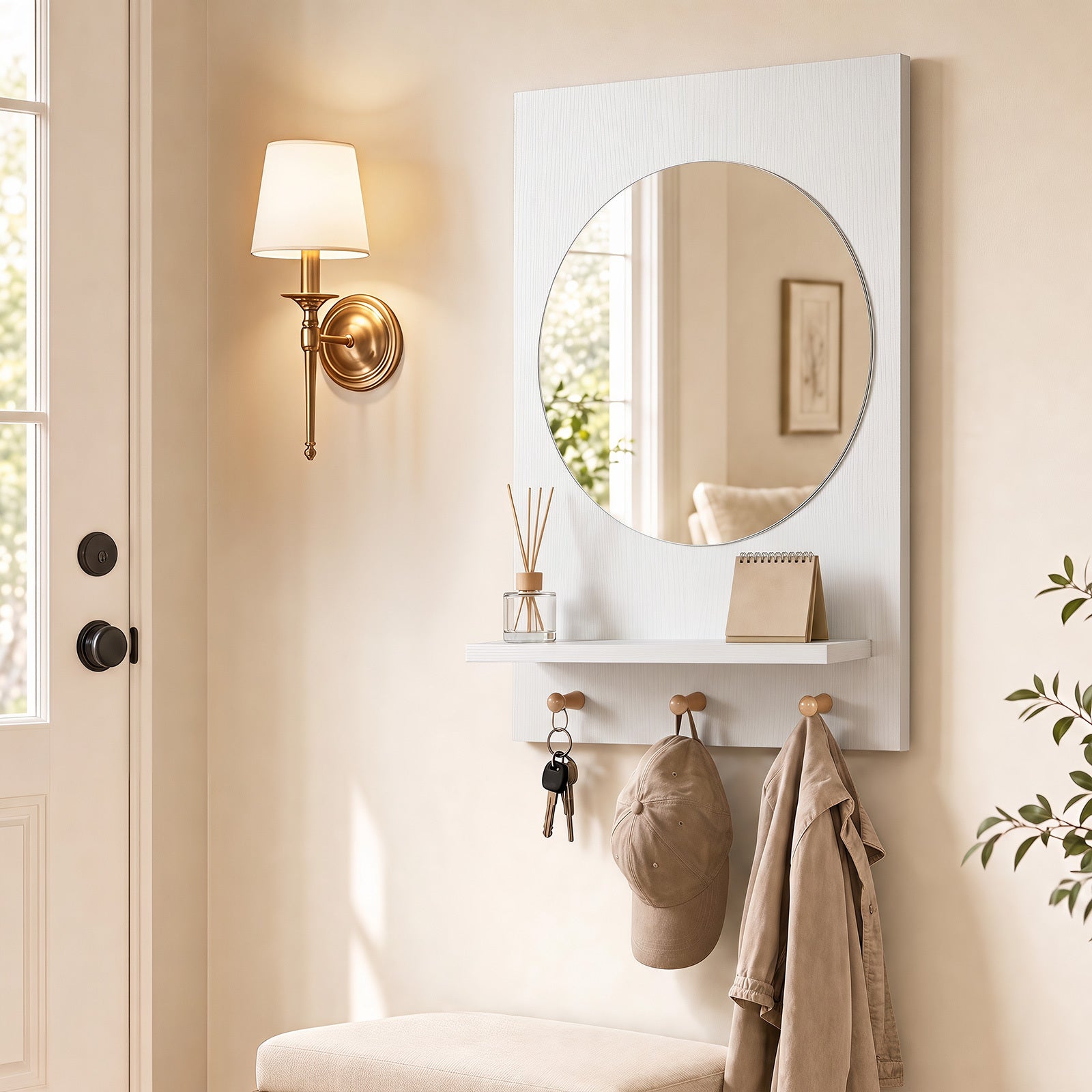 Wall Mirror with Storage Shelf & Hanging Hooks – White