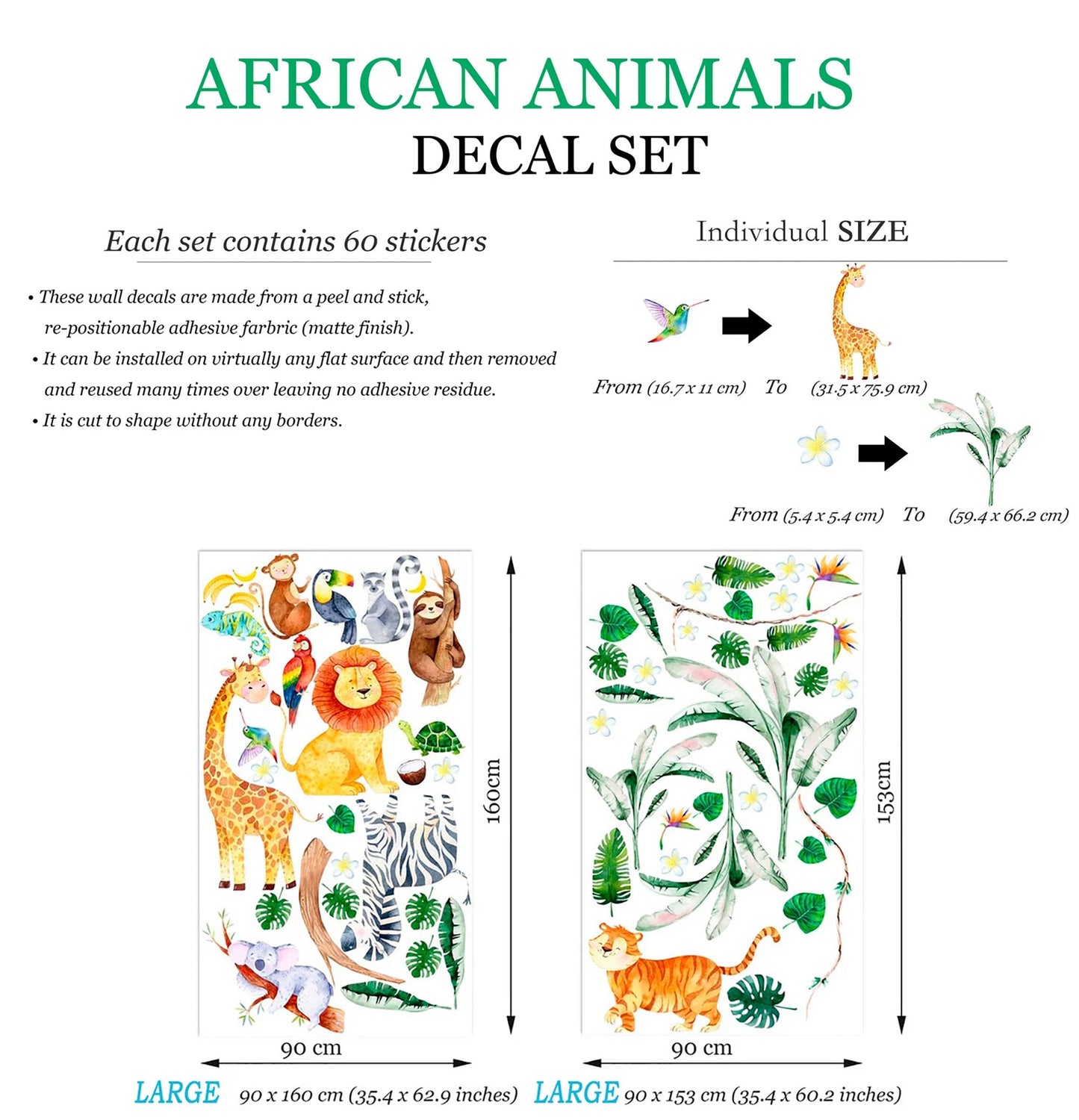 African Animals and Plants Wall Decal - Giraffe Lion Coconut Trees Koala Zebra Monkey - BR263