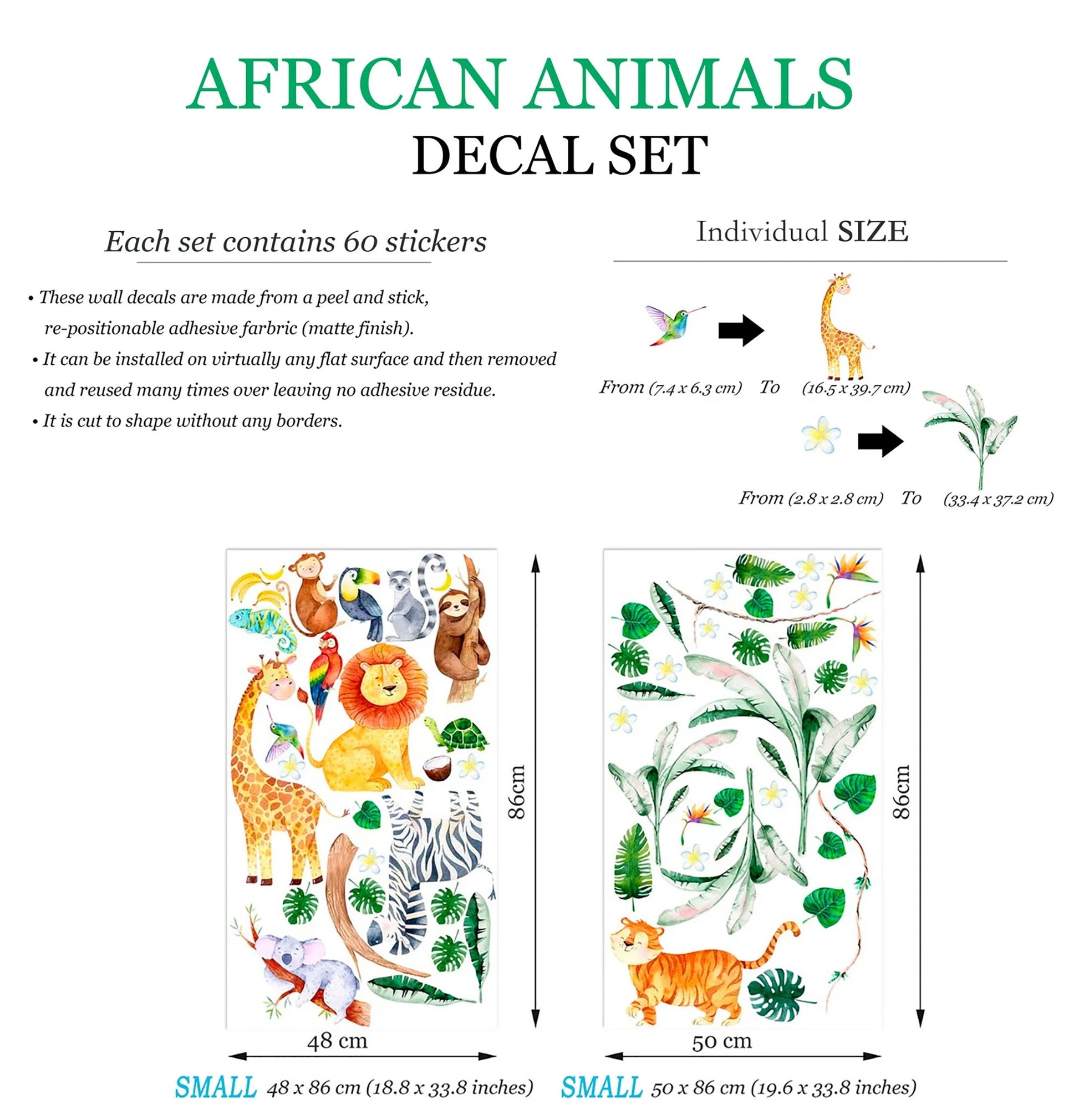 African Animals and Plants Wall Decal - Giraffe Lion Coconut Trees Koala Zebra Monkey - BR263