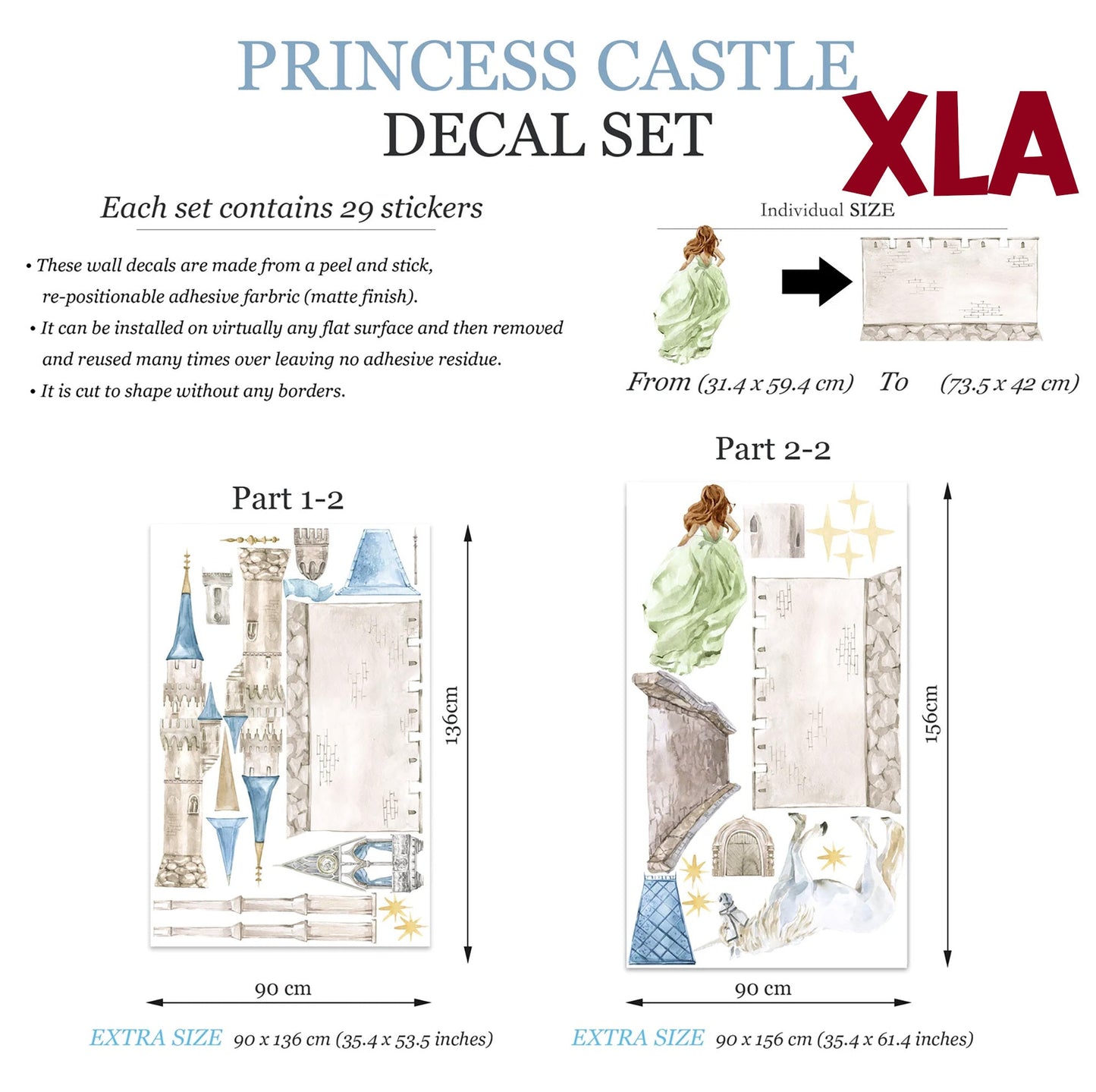 Enchanting Princess Castle Wall Decal Set - Sparkling Stars, Running Princess, and Gallant White Horse - Dreamy Room Decor for Girls - BR181