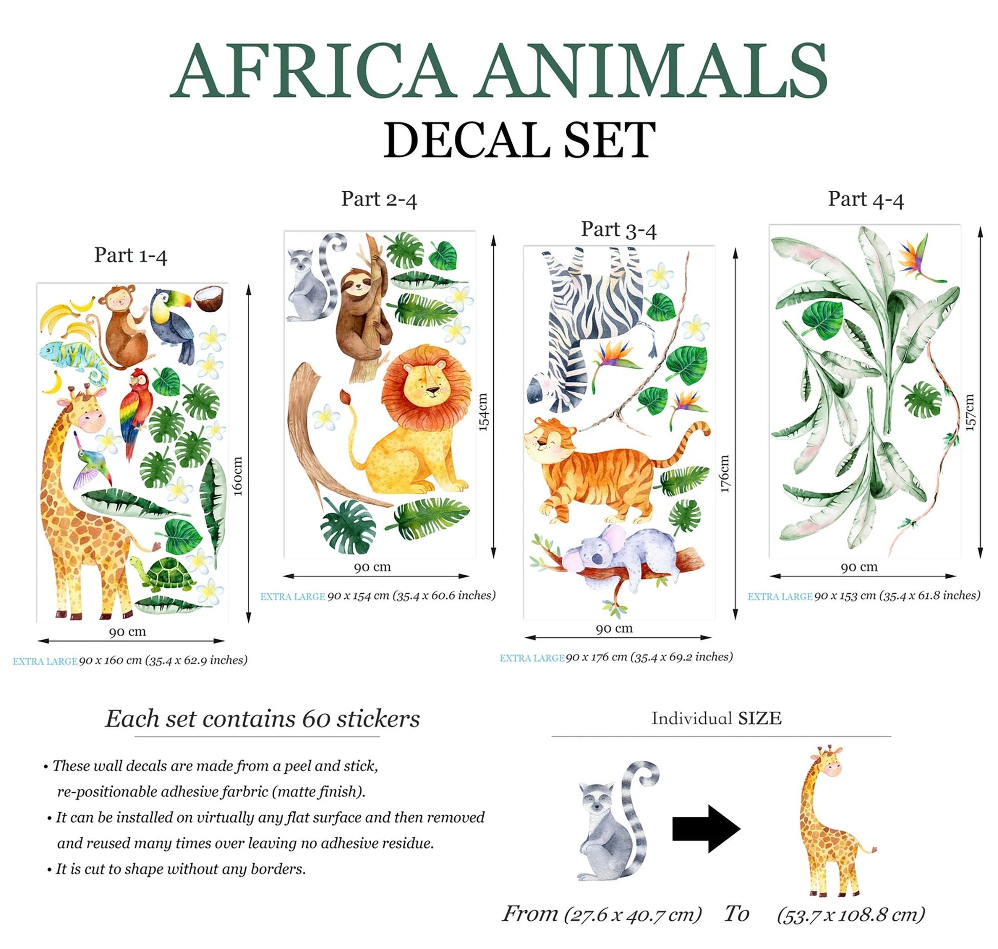African Animals and Plants Wall Decal - Giraffe Lion Coconut Trees Koala Zebra Monkey - BR263