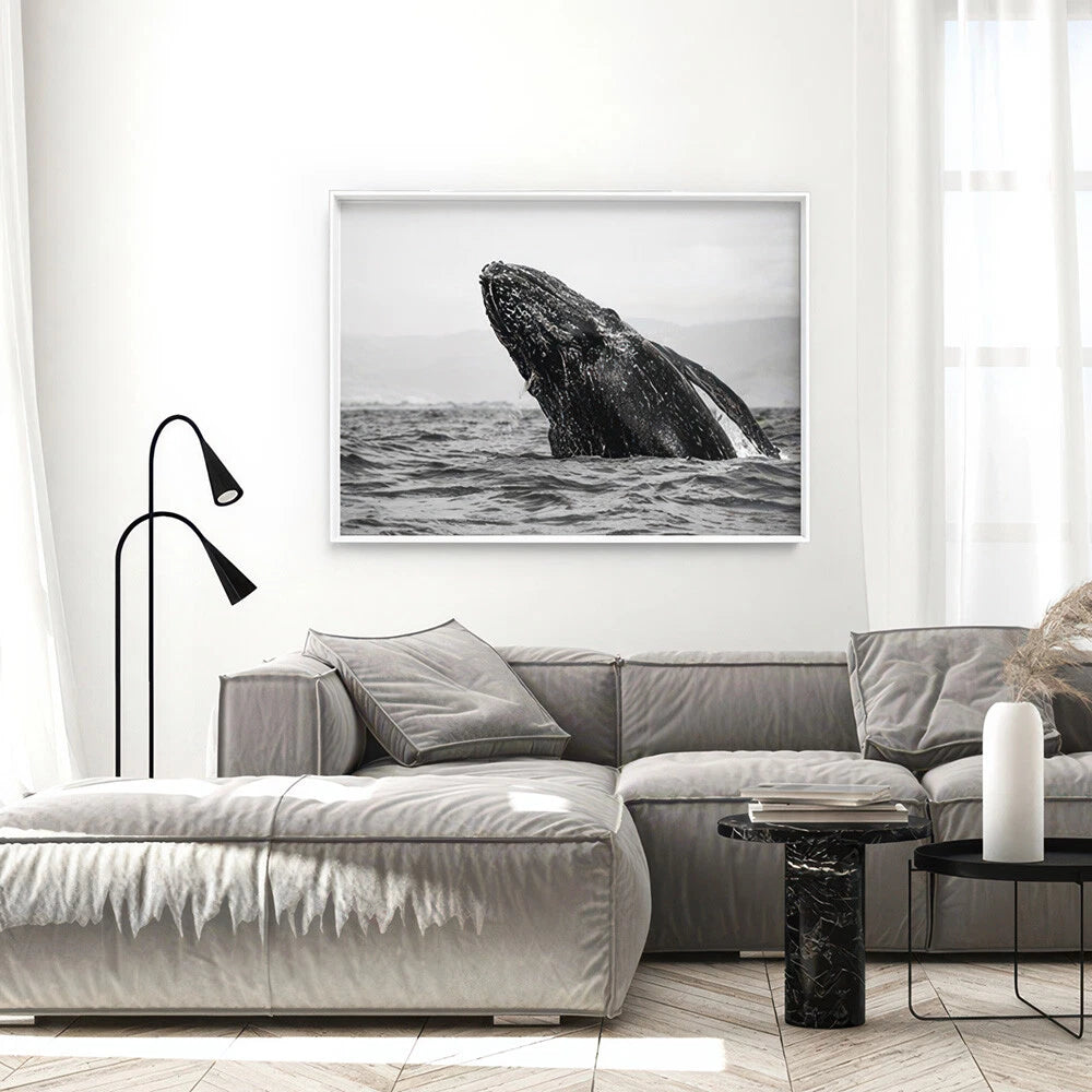 Monochrome Humpback Whale Ocean Canvas Wall Art – gallery wall lifestyle