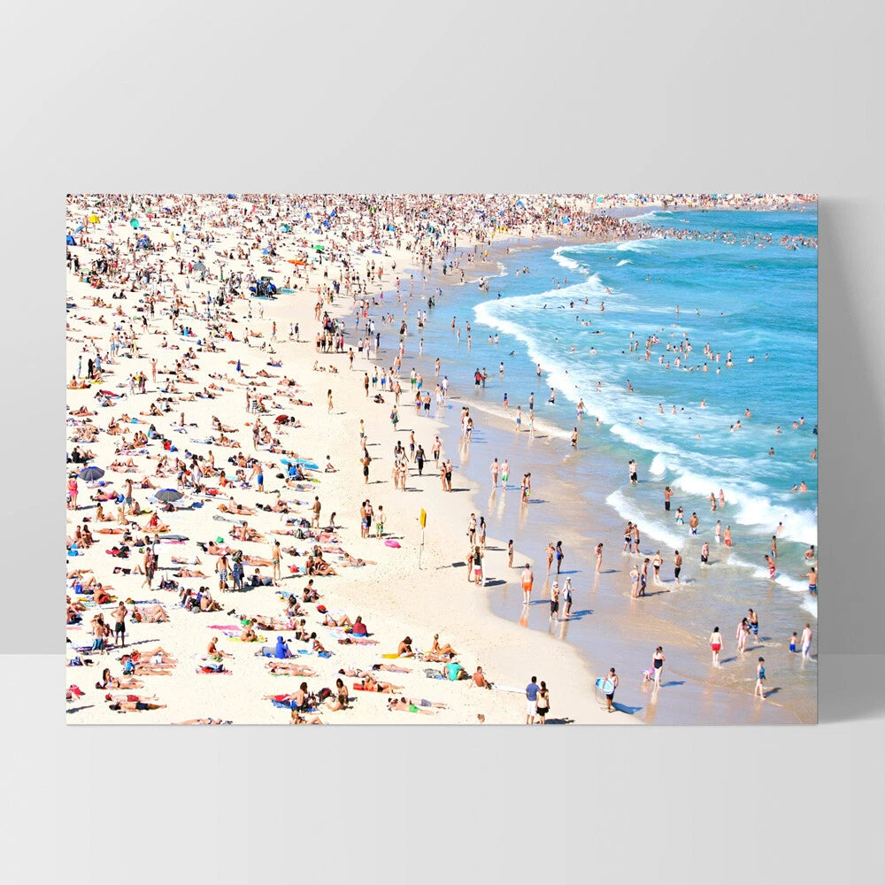 Bondi Summer Beach Crowd Canvas Wall Art – white floating frame