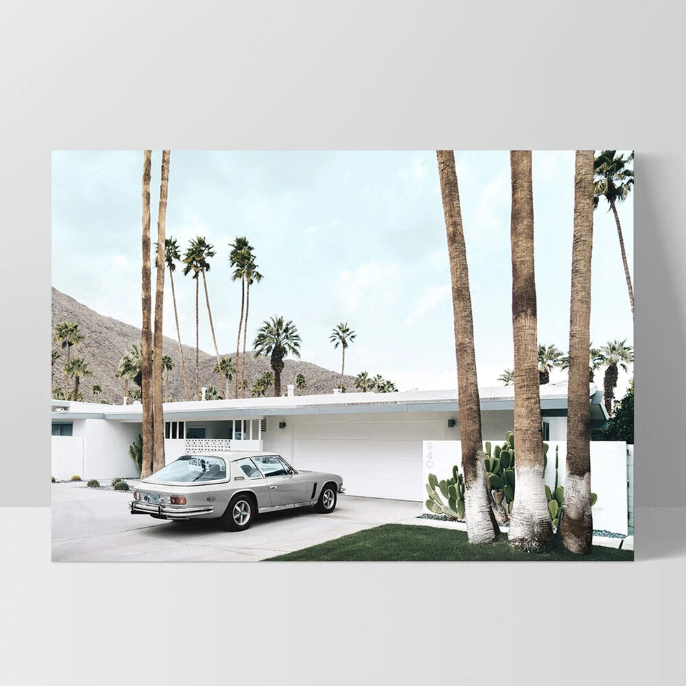 Palm Springs Mid-Century House Canvas Wall Art – white floating frame