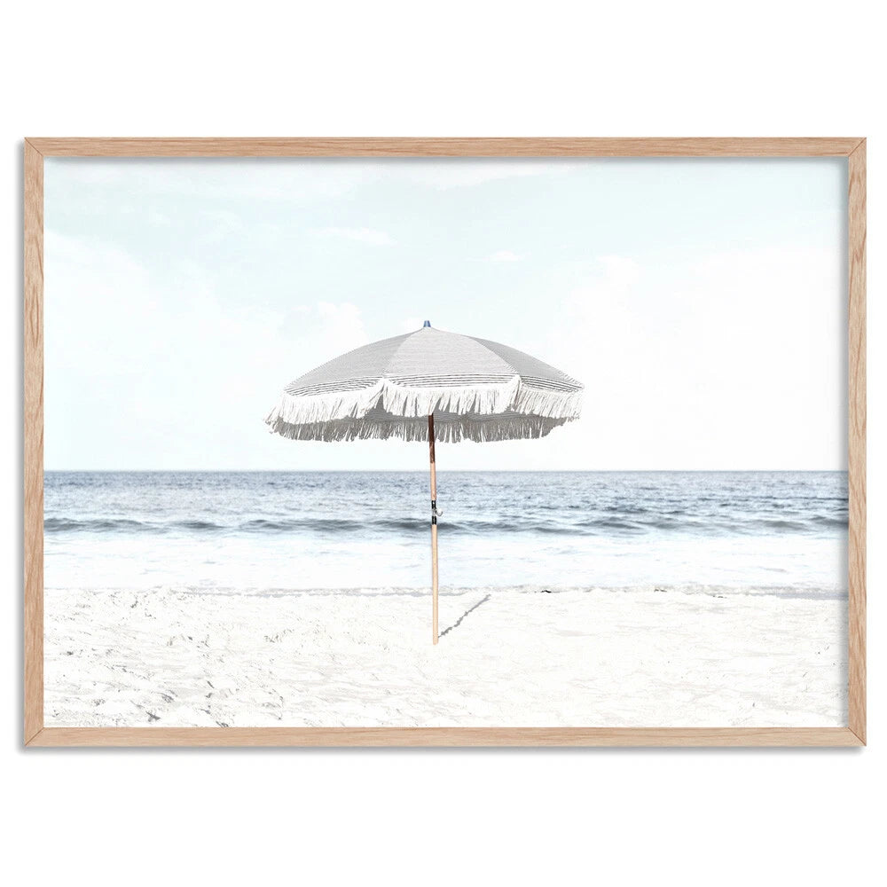 Summer Parasols Coastal Canvas Wall Art – birch floating frame