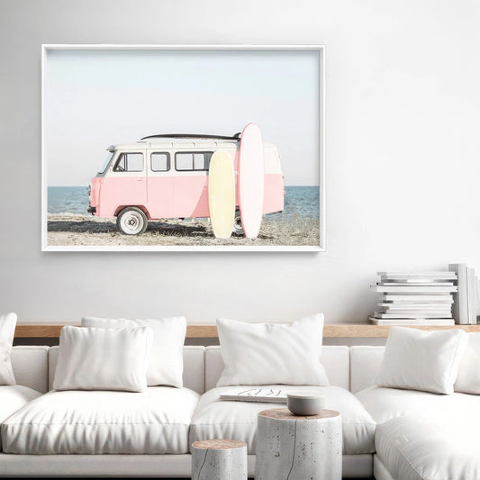 Pastel Beach Kombi Van Canvas Wall Art – bedroom lifestyle