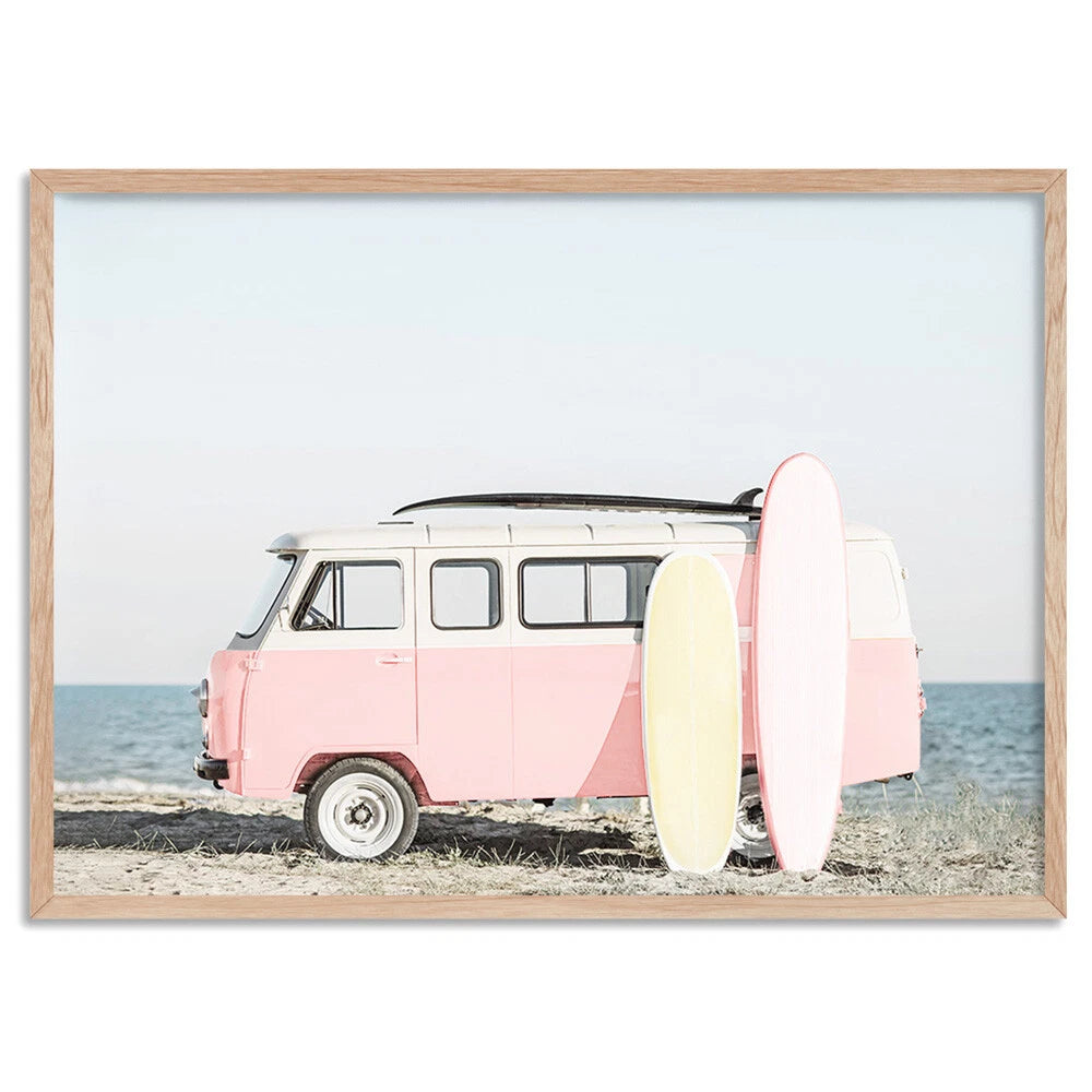Pastel Beach Kombi Van Canvas Wall Art – birch floating frame