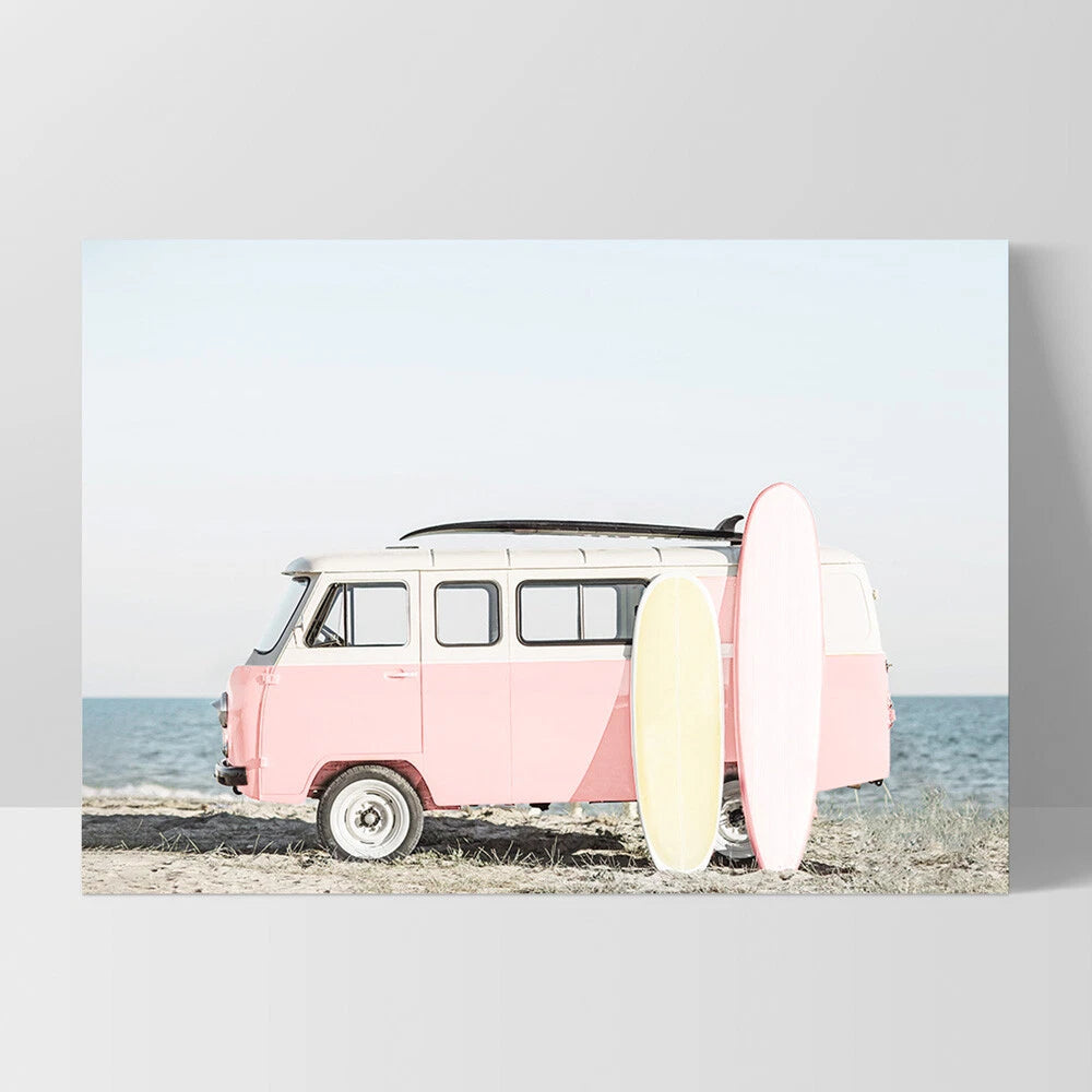 Pastel Beach Kombi Van Canvas Wall Art – white floating frame