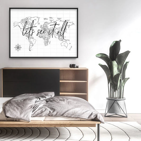 Minimal World Map Travel Canvas Wall Art – bedroom lifestyle