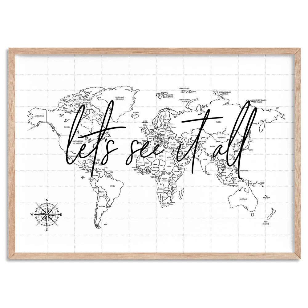 Minimal World Map Travel Canvas Wall Art – birch floating frame