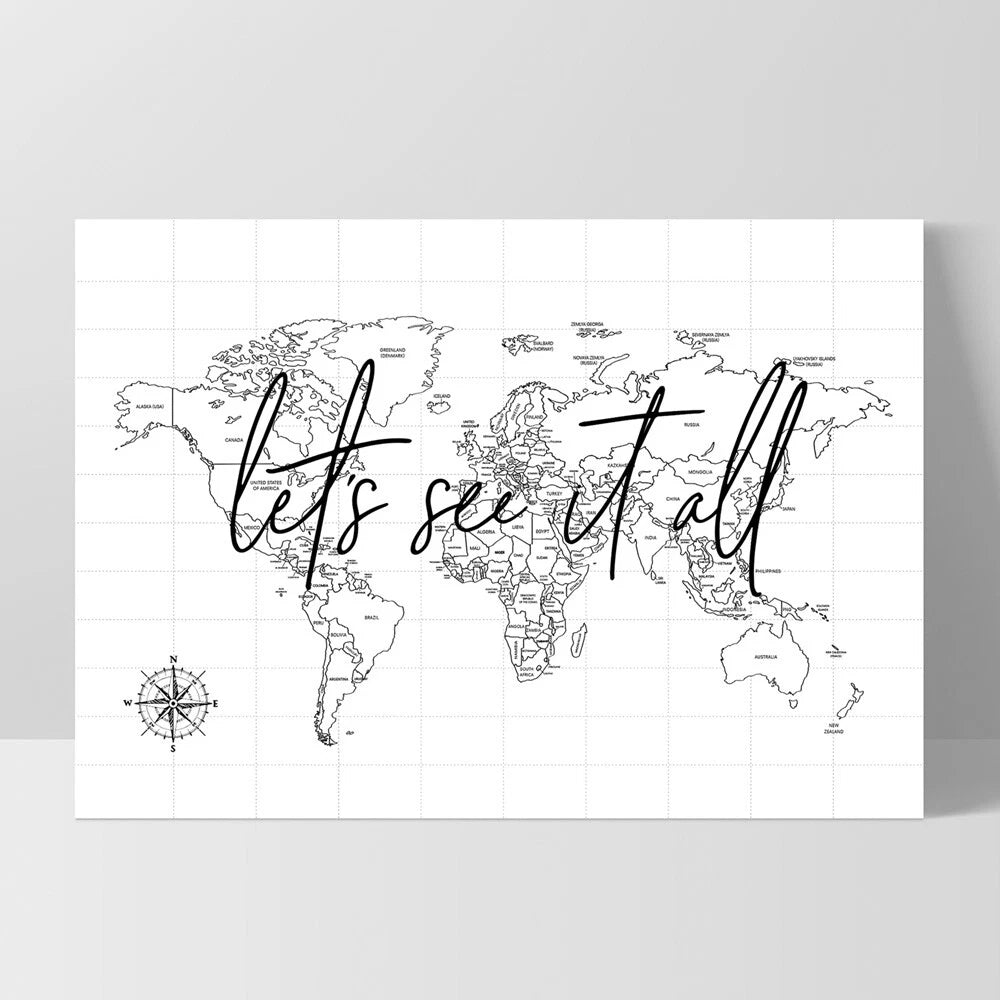 Minimal World Map Travel Canvas Wall Art – white floating frame