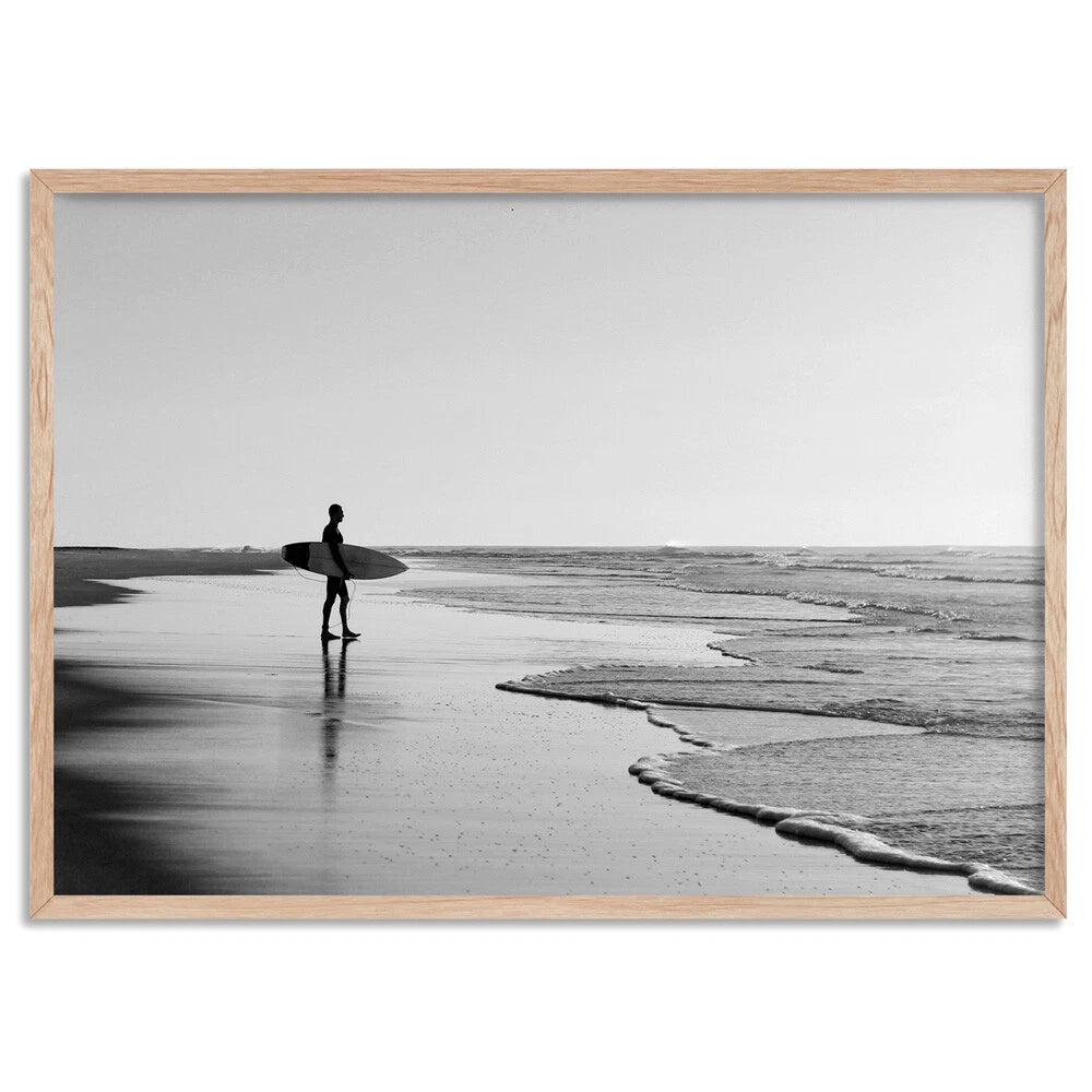 Lone Surfer Monochrome Canvas Wall Art – birch floating frame