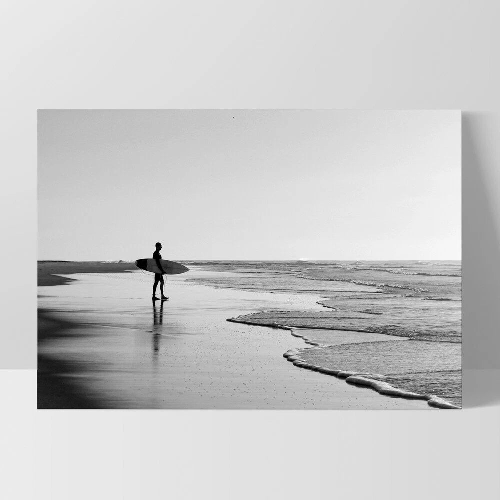 Lone Surfer Monochrome Canvas Wall Art – white floating frame