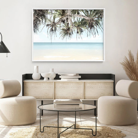 Wategos Beach Pandanus Palms Canvas Wall Art – bedroom lifestyle