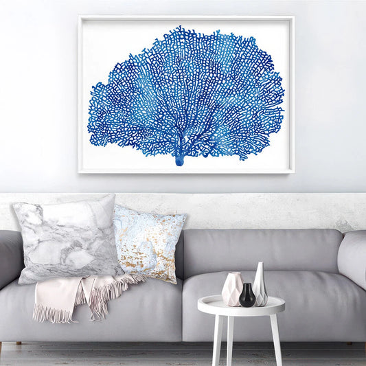 Coral Sea Fan Blue Watercolour Canvas Wall Art – bedroom lifestyle