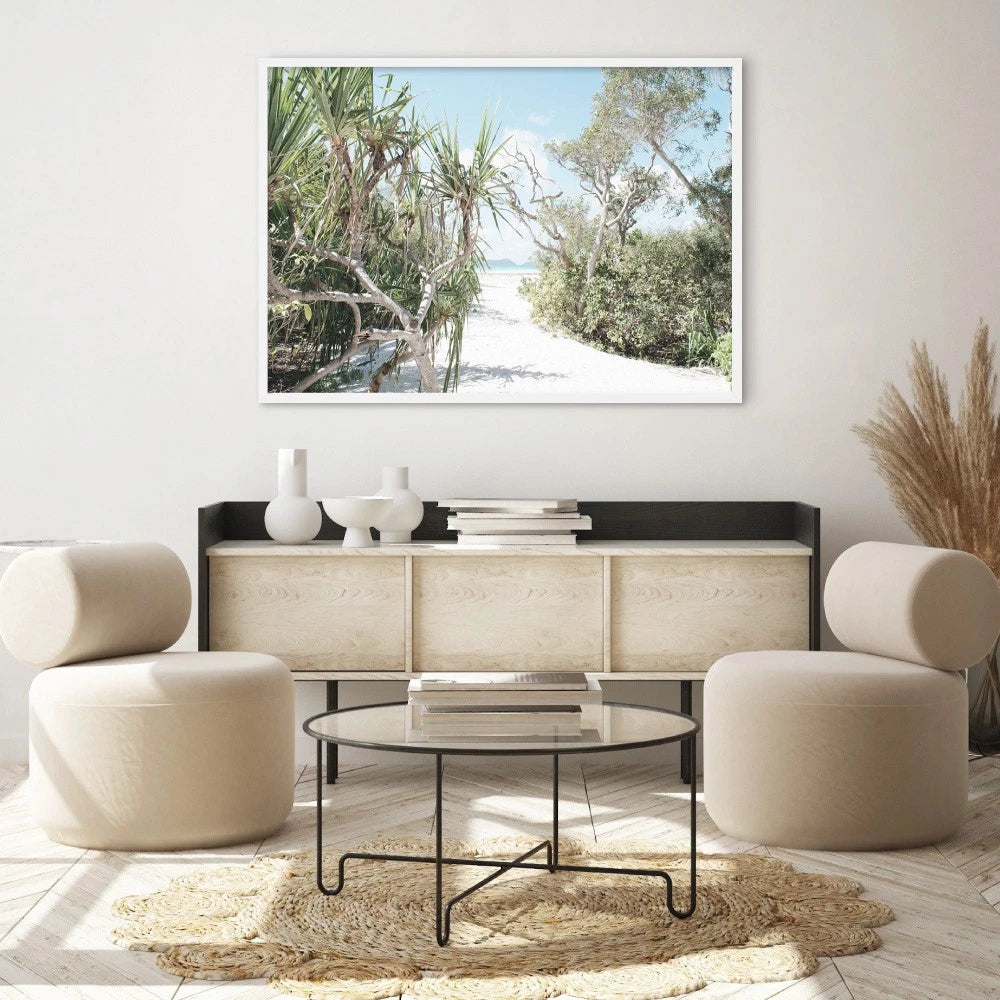 Whitehaven Beach Pandanus Palm Canvas Wall Art – gallery wall lifestyle