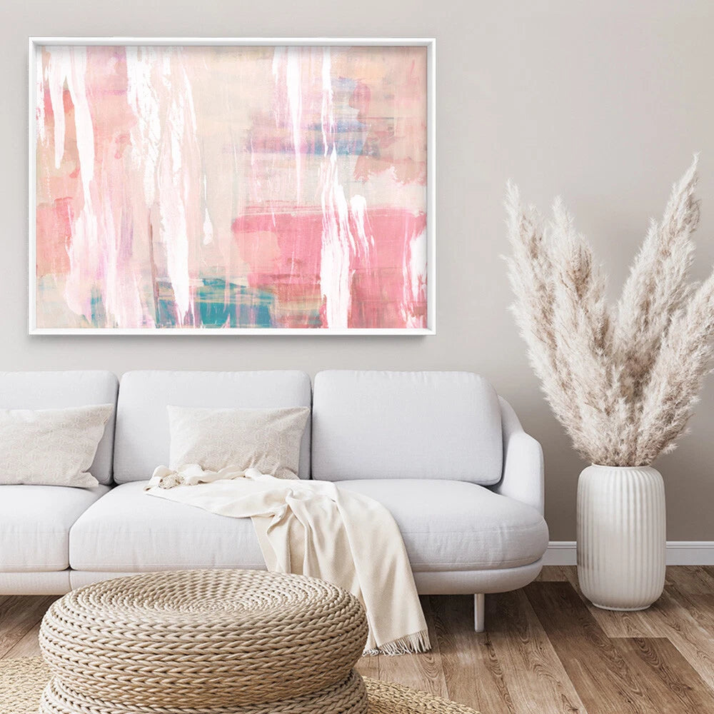 Pastel Blush Distressed Abstract Canvas Wall Art – bedroom lifestyle