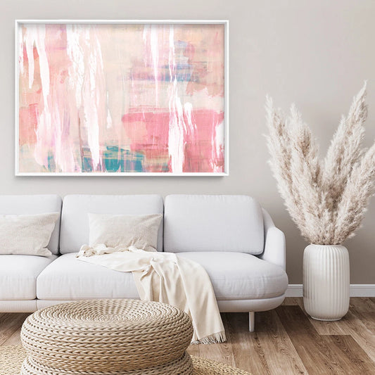 Pastel Blush Distressed Abstract Canvas Wall Art – bedroom lifestyle