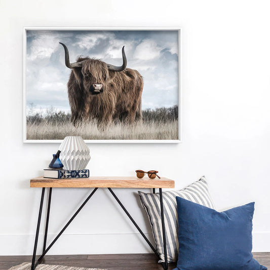 Highland Cow Meadow Canvas Wall Art – bedroom lifestyle