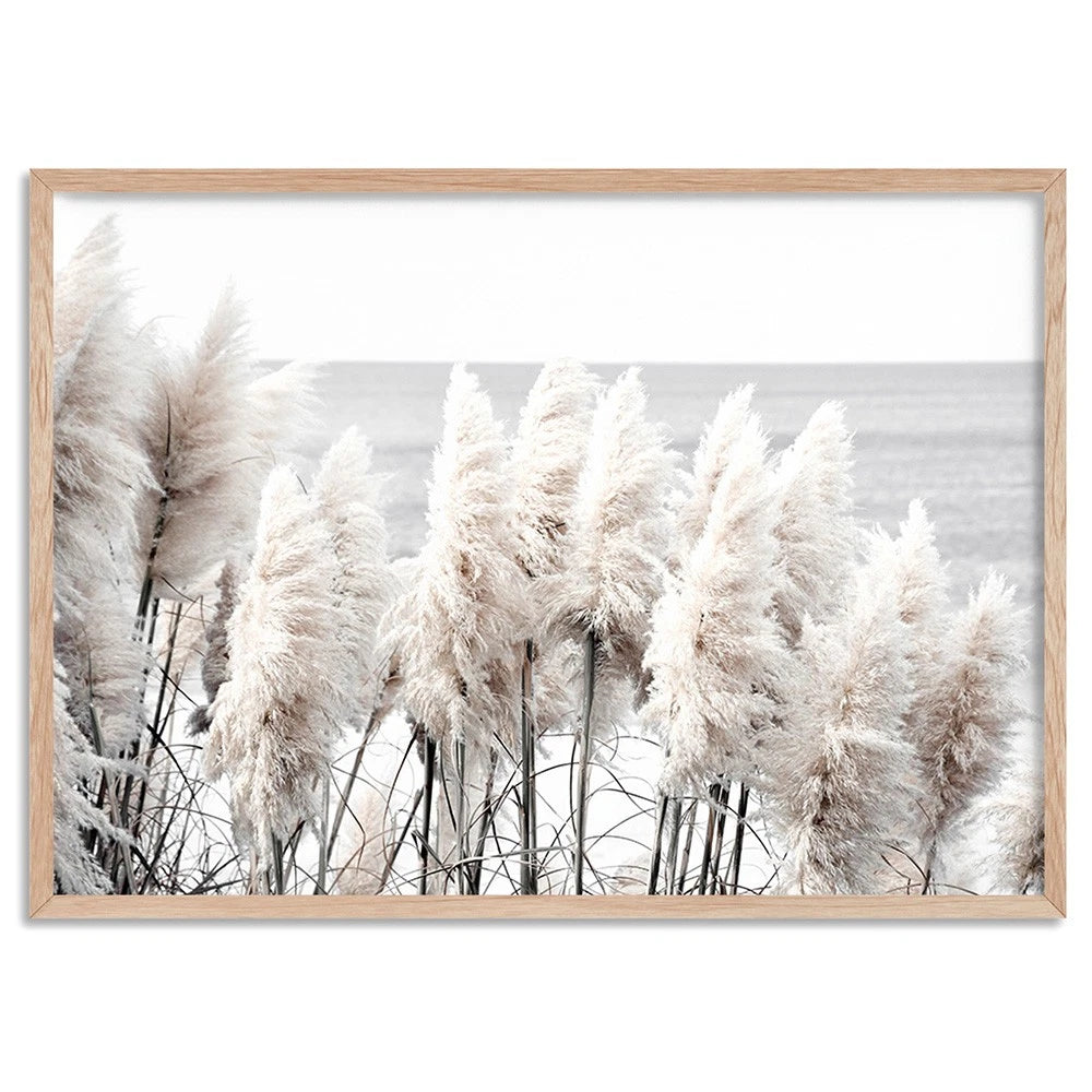 Neutral Pampas Grass Coastal Canvas Wall Art – birch floating frame