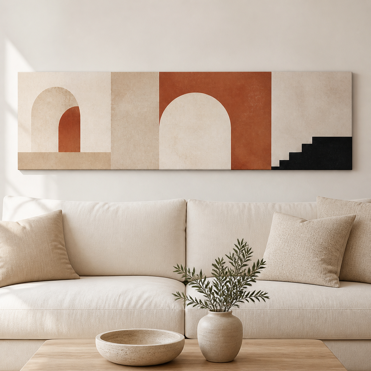 Archway Minimal Neutral Stretched Canvas displayed above a neutral sofa – lifestyle thumbnail