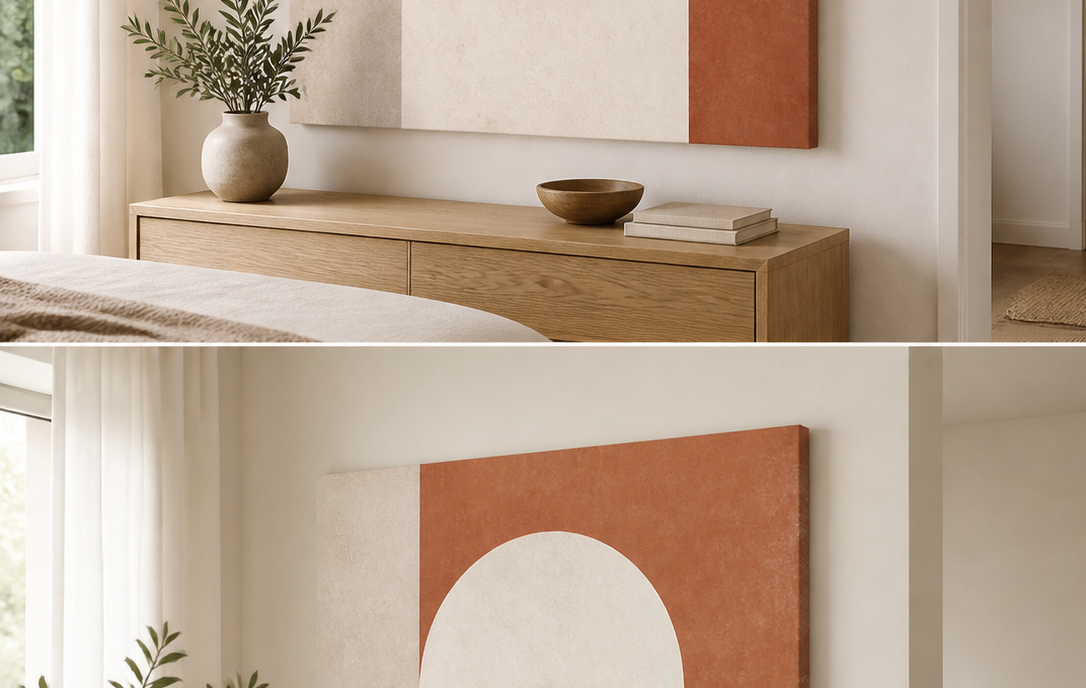 Archway Minimal stretched canvas wall art in bedroom, left angle