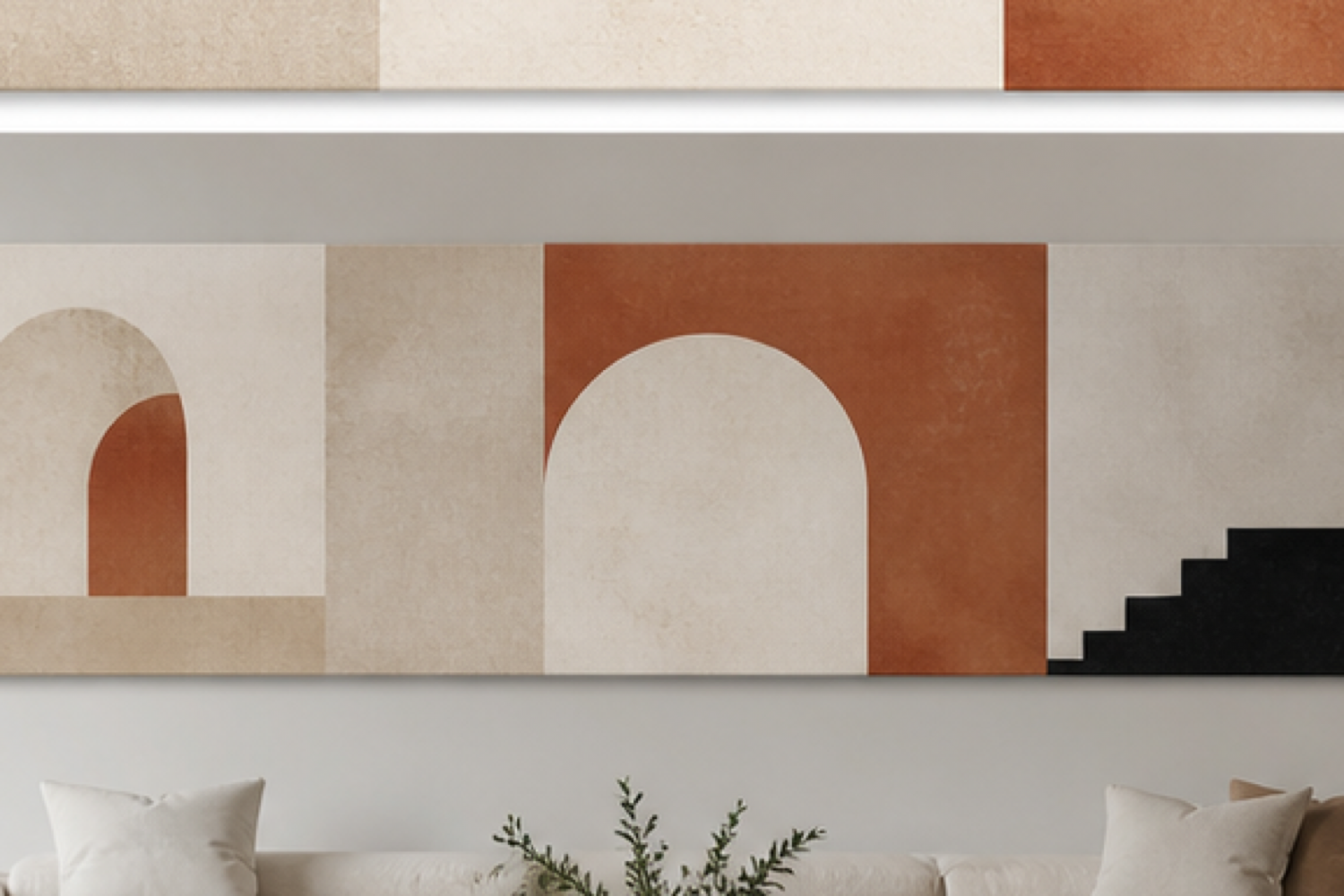 Archway Minimal Neutral Stretched Canvas in a modern neutral living room