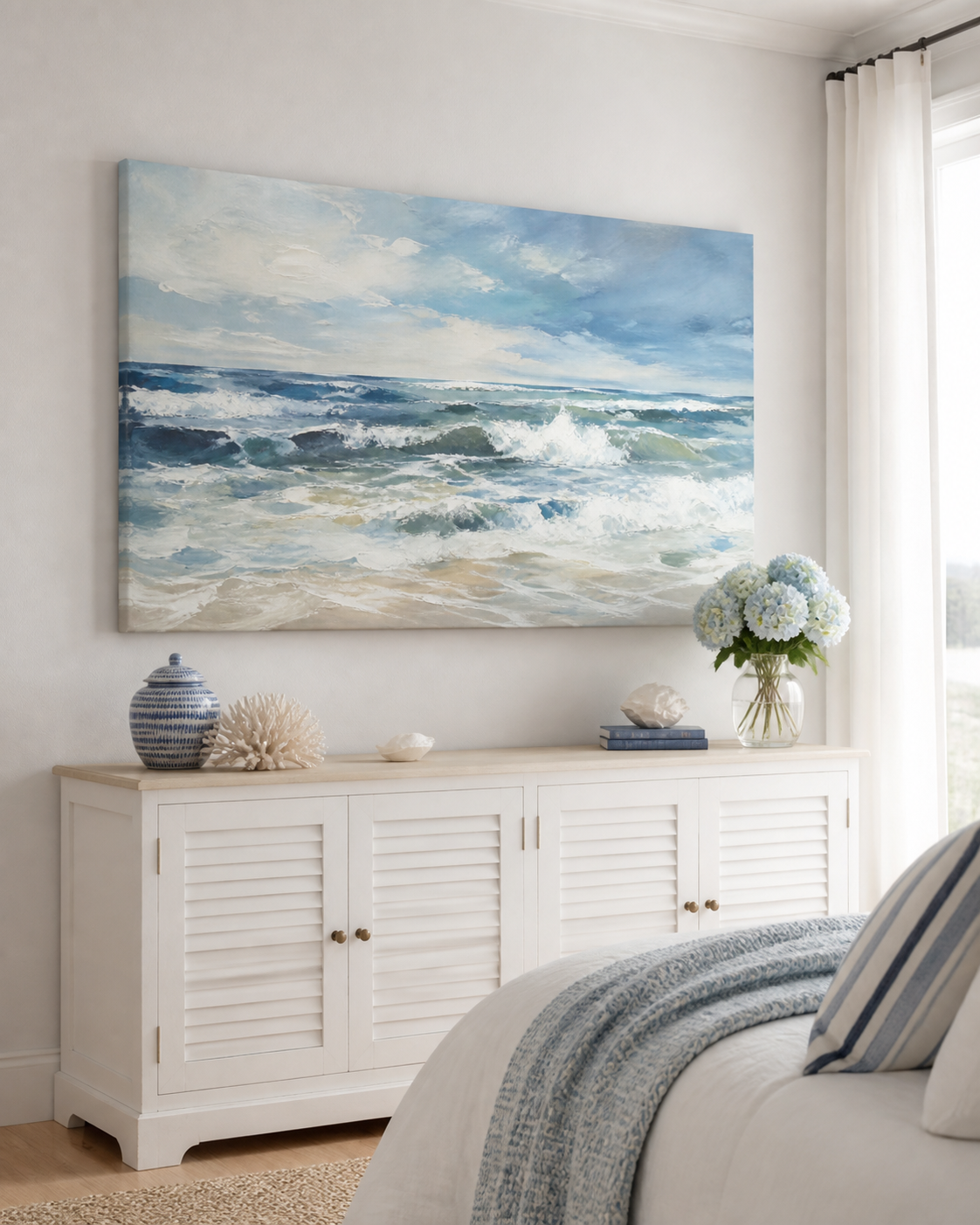 Atlantic Breeze Hamptons stretched canvas wall art from a left interior angle
