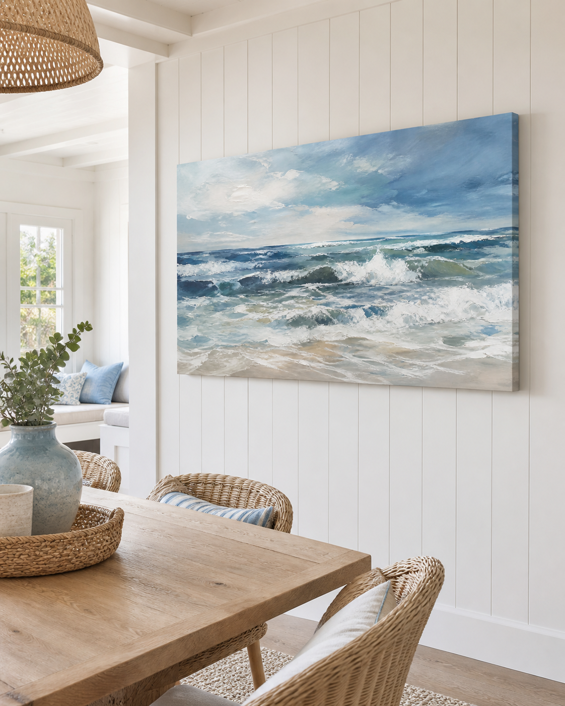 Atlantic Breeze Hamptons stretched canvas wall art from a right interior angle