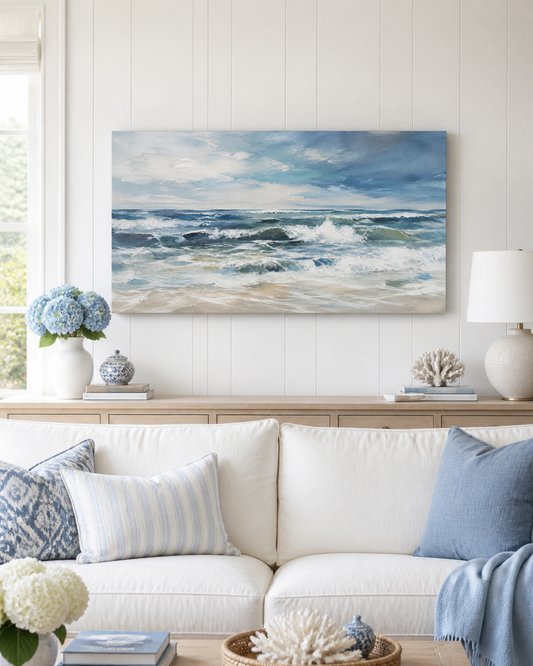 Atlantic Breeze Hamptons coastal stretched canvas wall art in a living room