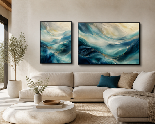 Azure Reverie black floating frame canvas in a contemporary living room