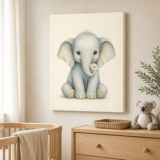 Baby Elephant Nursery Stretched Canvas Wall Art styled in a neutral Australian baby nursery