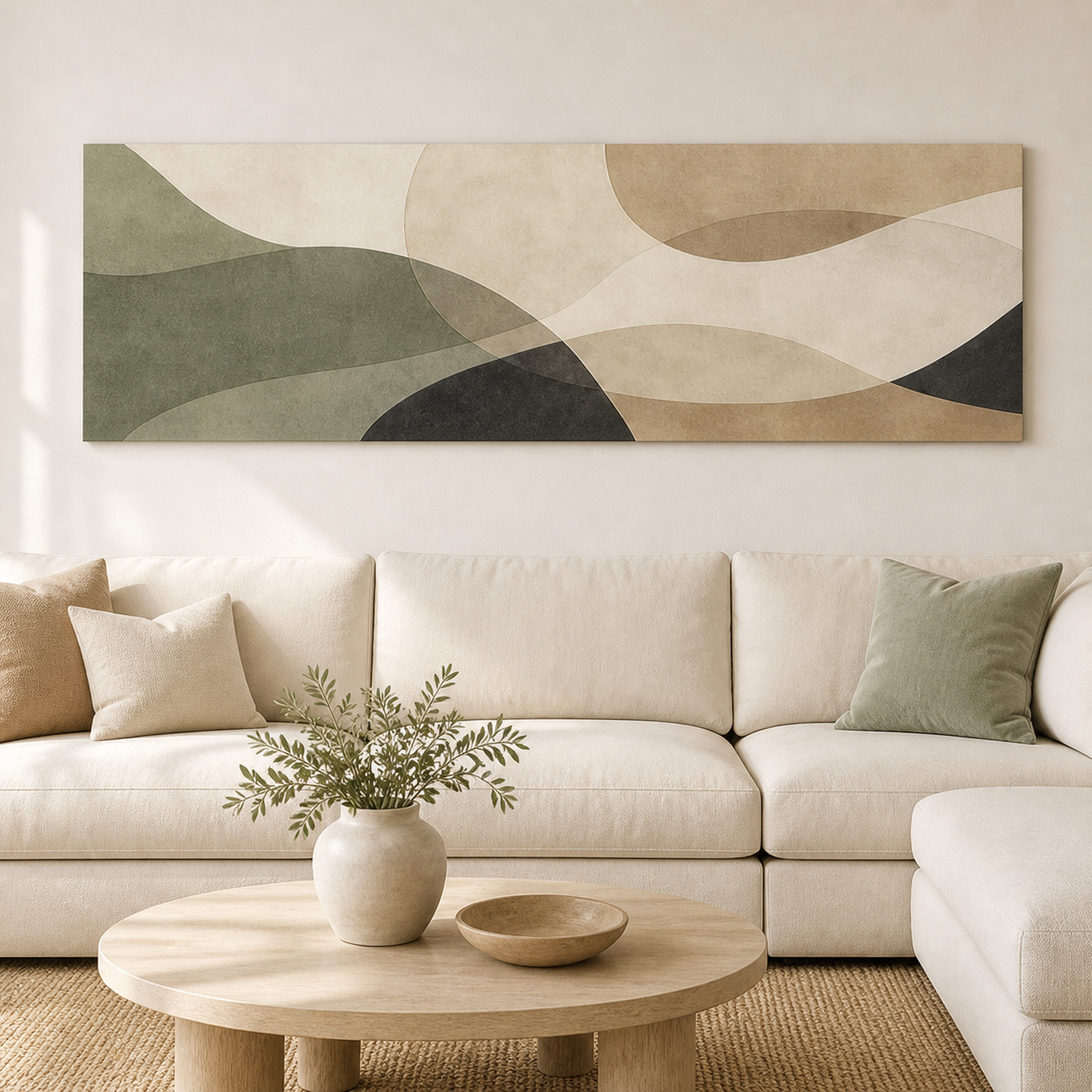 Balance Flow Minimalist Abstract Stretched Canvas displayed above a neutral sofa – lifestyle thumbnail