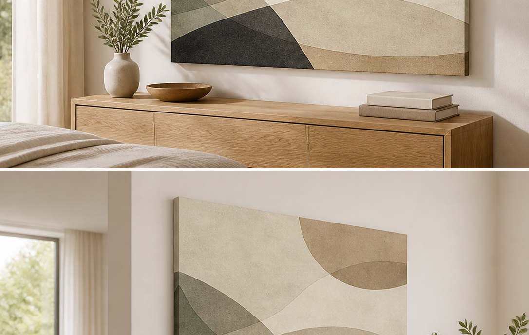Balance Flow stretched canvas wall art in bedroom, left angle