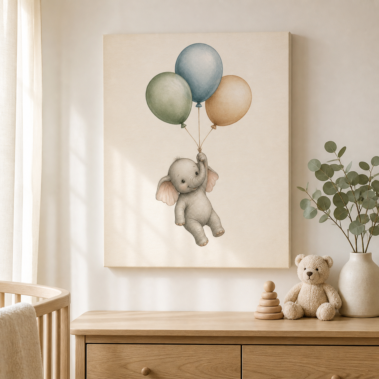 Balloon Adventure Nursery Stretched Canvas Wall Art styled in a neutral Australian baby nursery