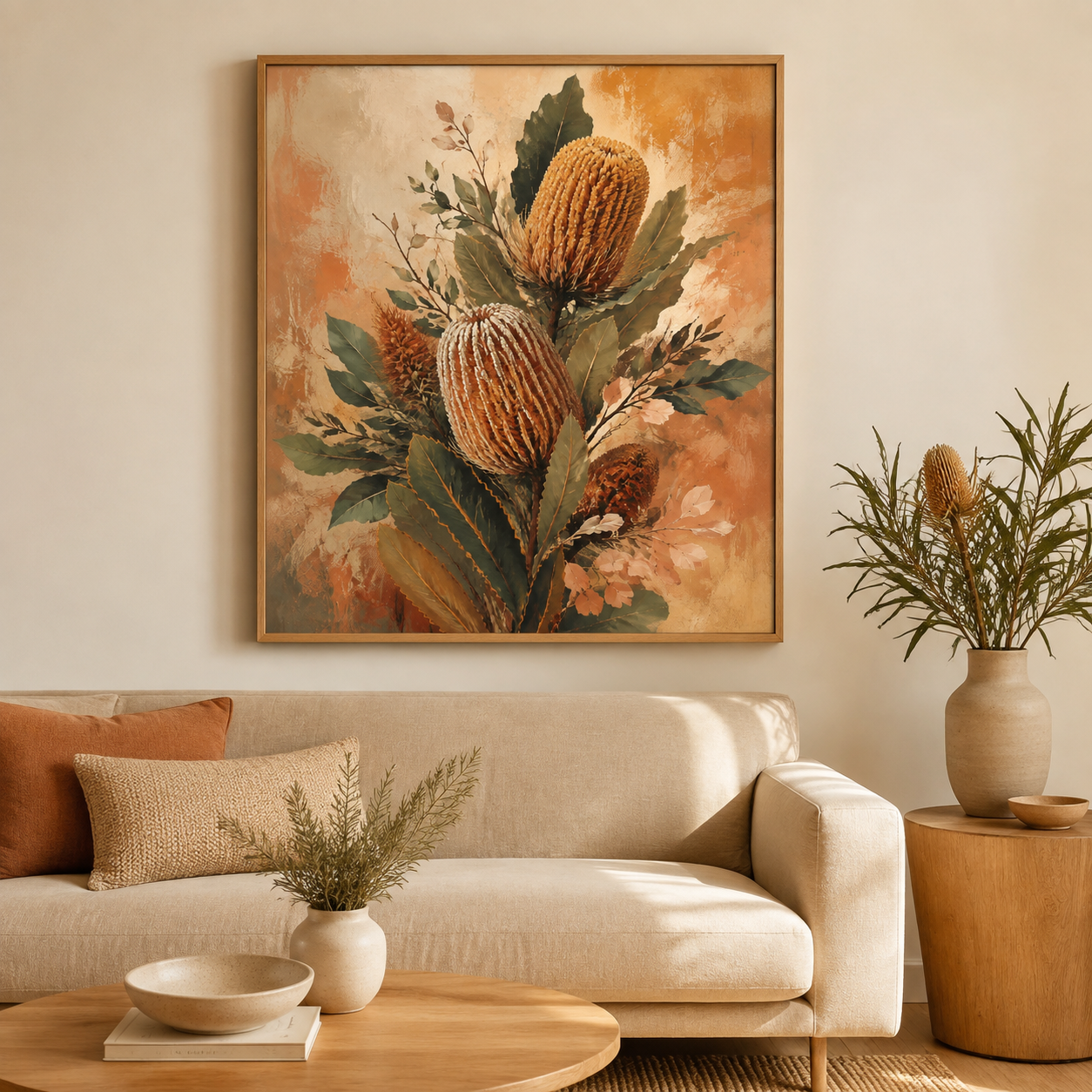 Banksia Reverie Australian botanical floating-framed canvas styled above a neutral linen sofa
