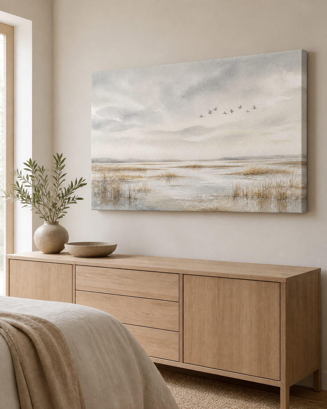 Birds Over Marsh stretched canvas wall art from a left interior angle