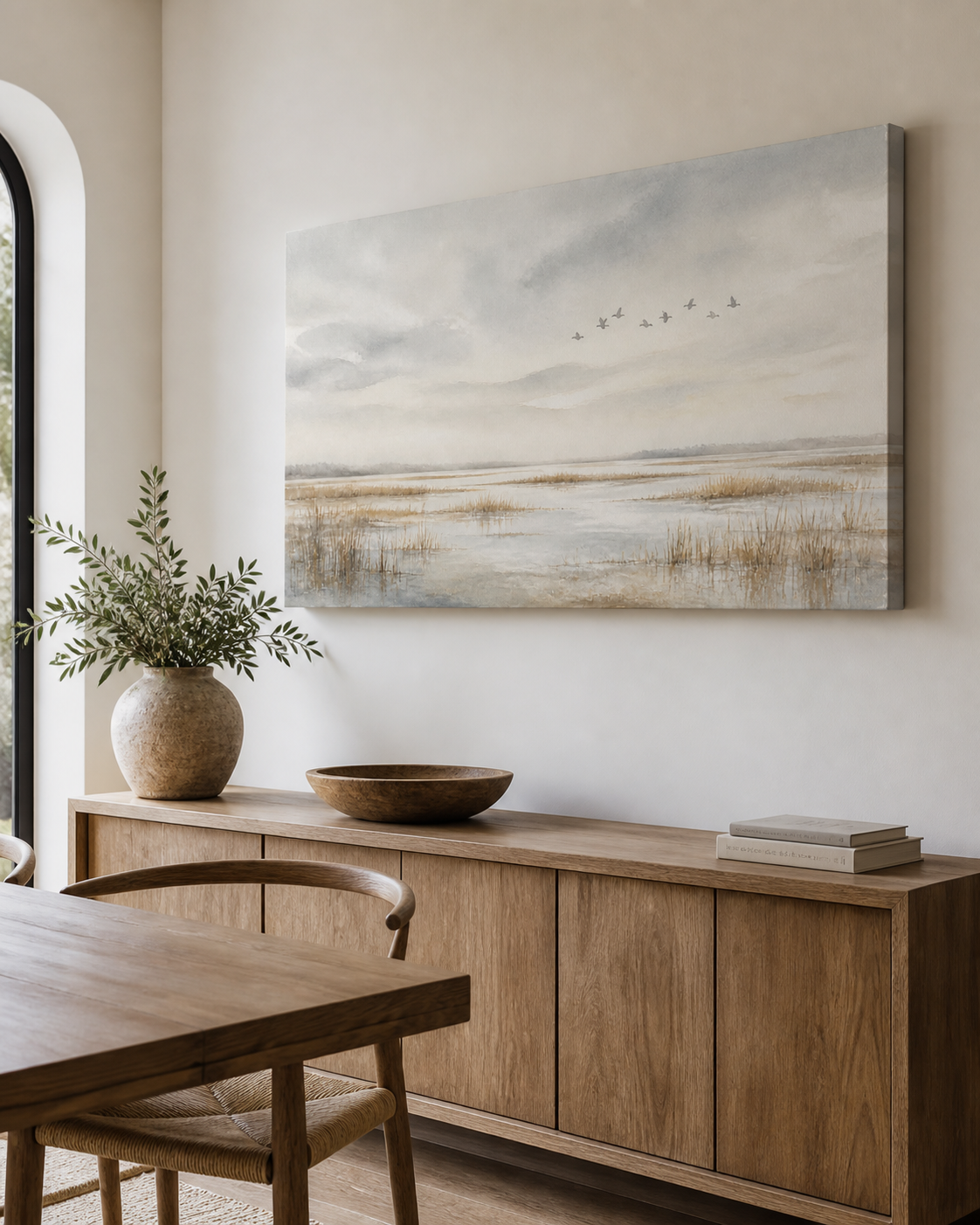 Birds Over Marsh stretched canvas wall art from a right interior angle