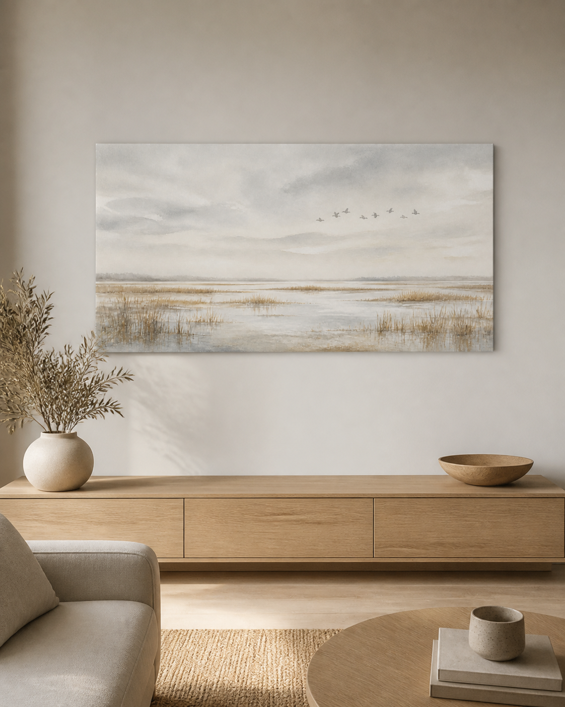 Birds Over Marsh stretched canvas wall art in a neutral living room, thumbnail view