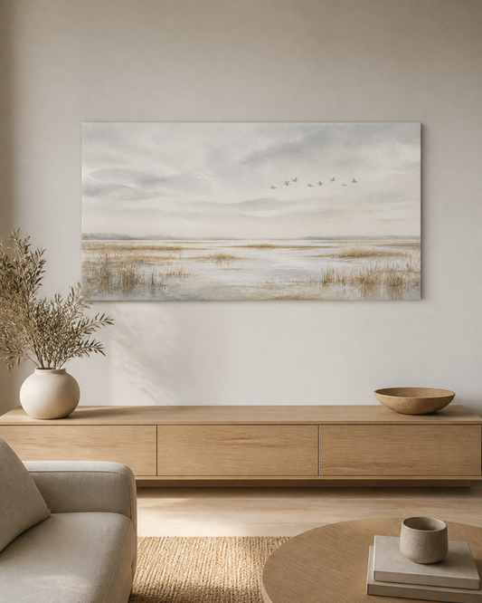 Birds Over Marsh stretched canvas wall art in a neutral living room, thumbnail view