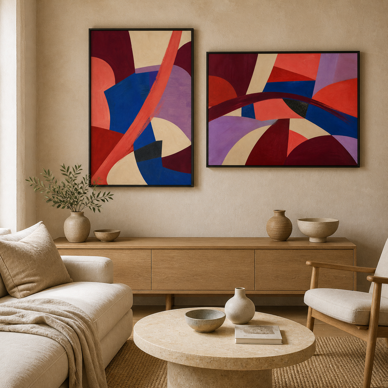 Bold Geometry black floating frame canvas wall art in a contemporary living room, portrait and landscape