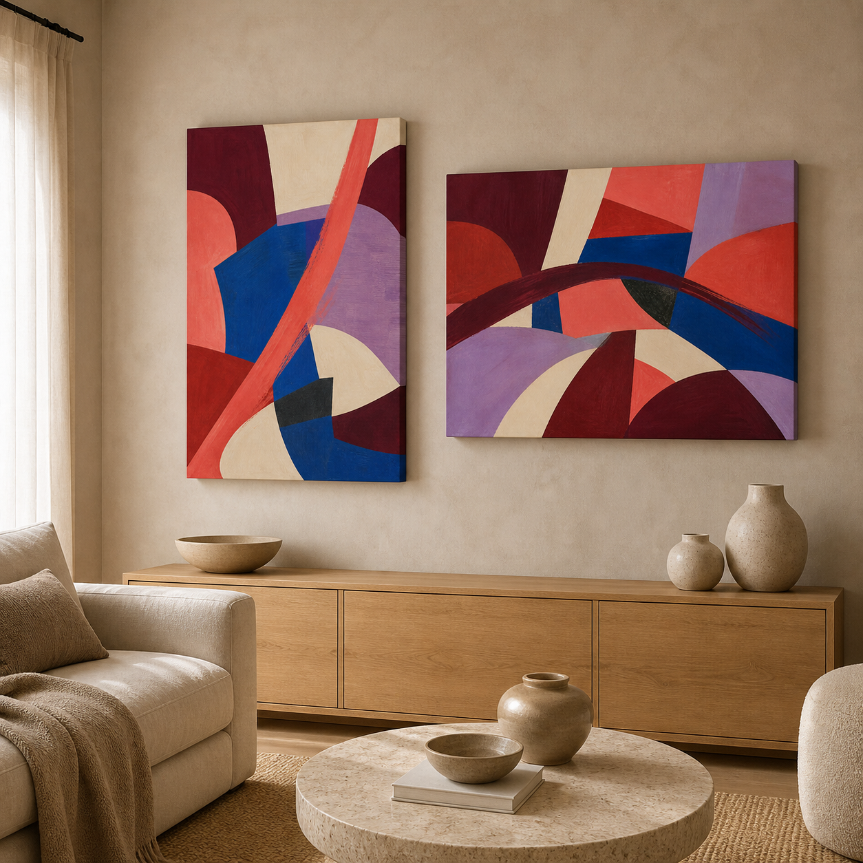 Bold Geometry stretched canvas wall art in a contemporary living room, portrait and landscape