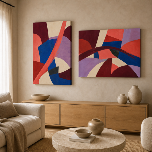 Bold Geometry stretched canvas wall art in a contemporary living room, portrait and landscape