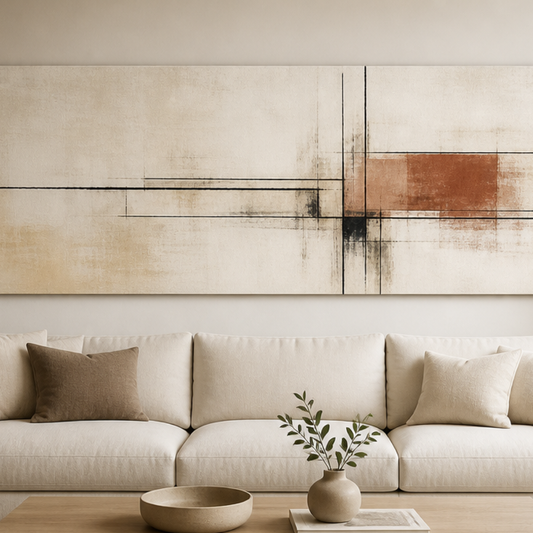 Calm Intersection Minimalist Stretched Canvas displayed above a neutral sofa – lifestyle thumbnail