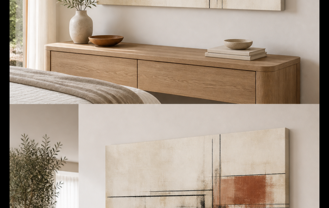 Calm Intersection stretched canvas wall art in bedroom, left angle